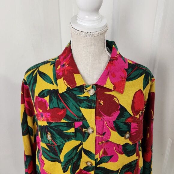 Tahari Jacket Womens 1X Yellow Pink Bright Floral Linen Resort Cruise Tropical - Picture 2 of 12